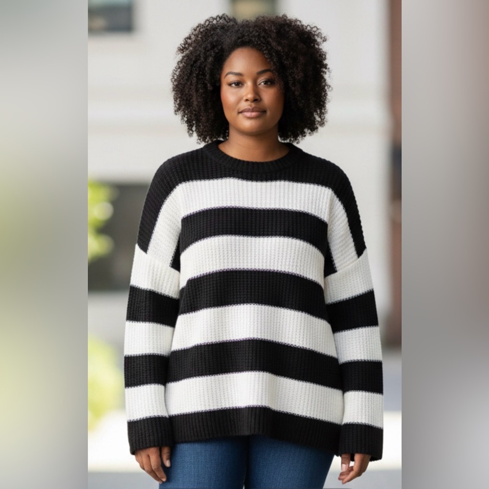 Zesica Elegant Black and White Striped Women's Sweater